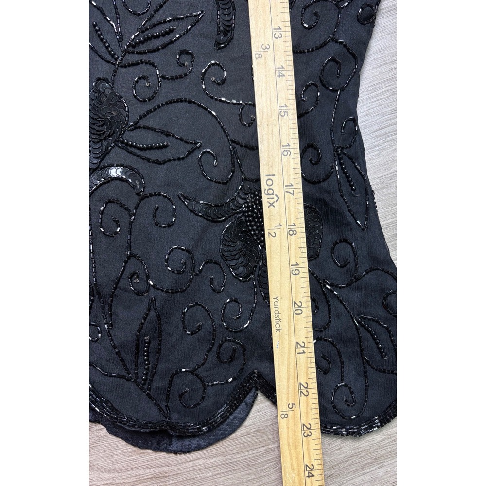 Stenay Vintage Black Silk Beaded Sequin Floral Long Sleeve Blouse Scallop Hem S - Picture 7 of 8